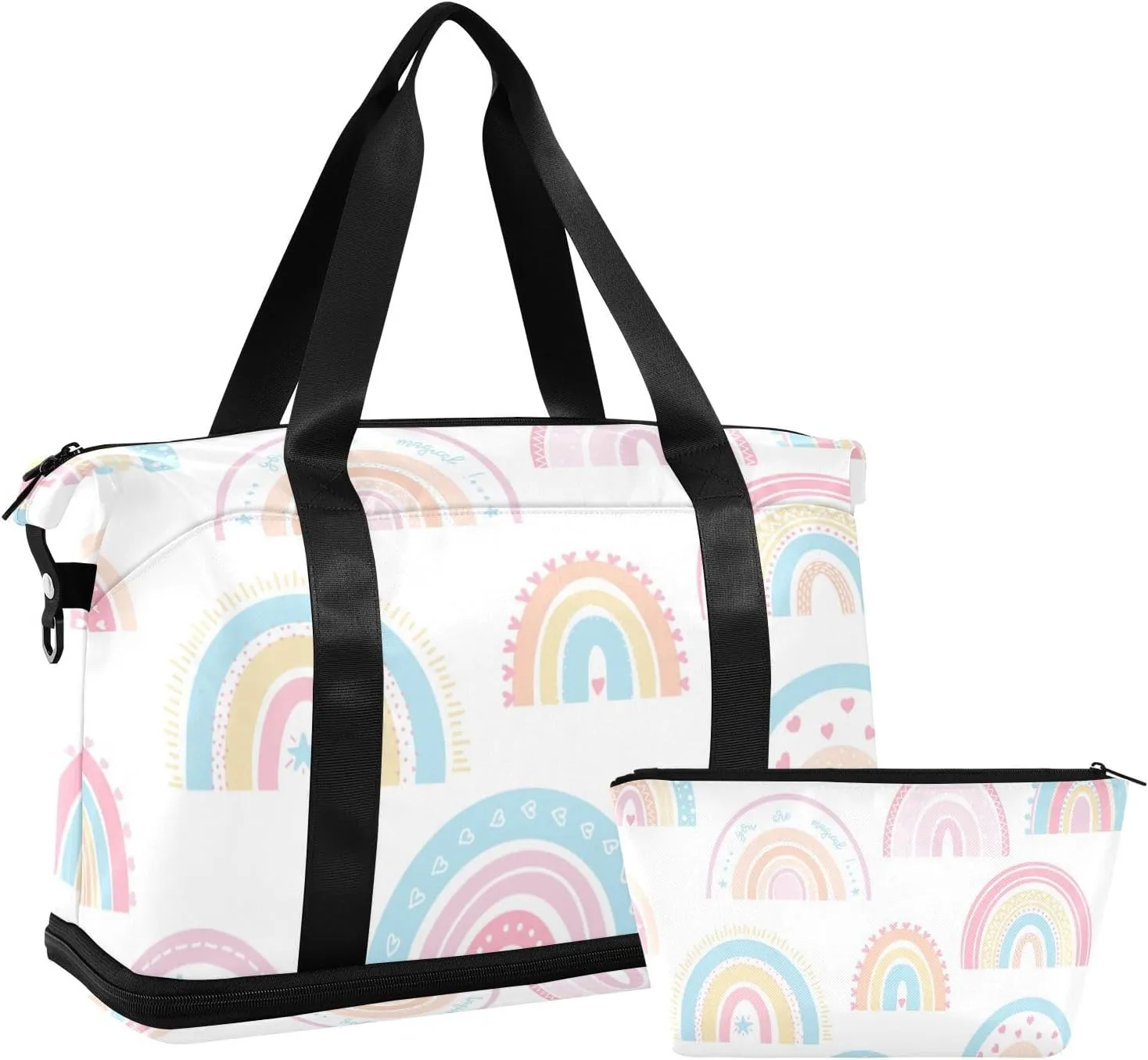 Colorful Rainbow Versatile Sports Travel Bag - Lasting Twill Tote, Removable Wheel & Rod Bagging, Multi-pocket Design, Complimentary Makeup Bag
