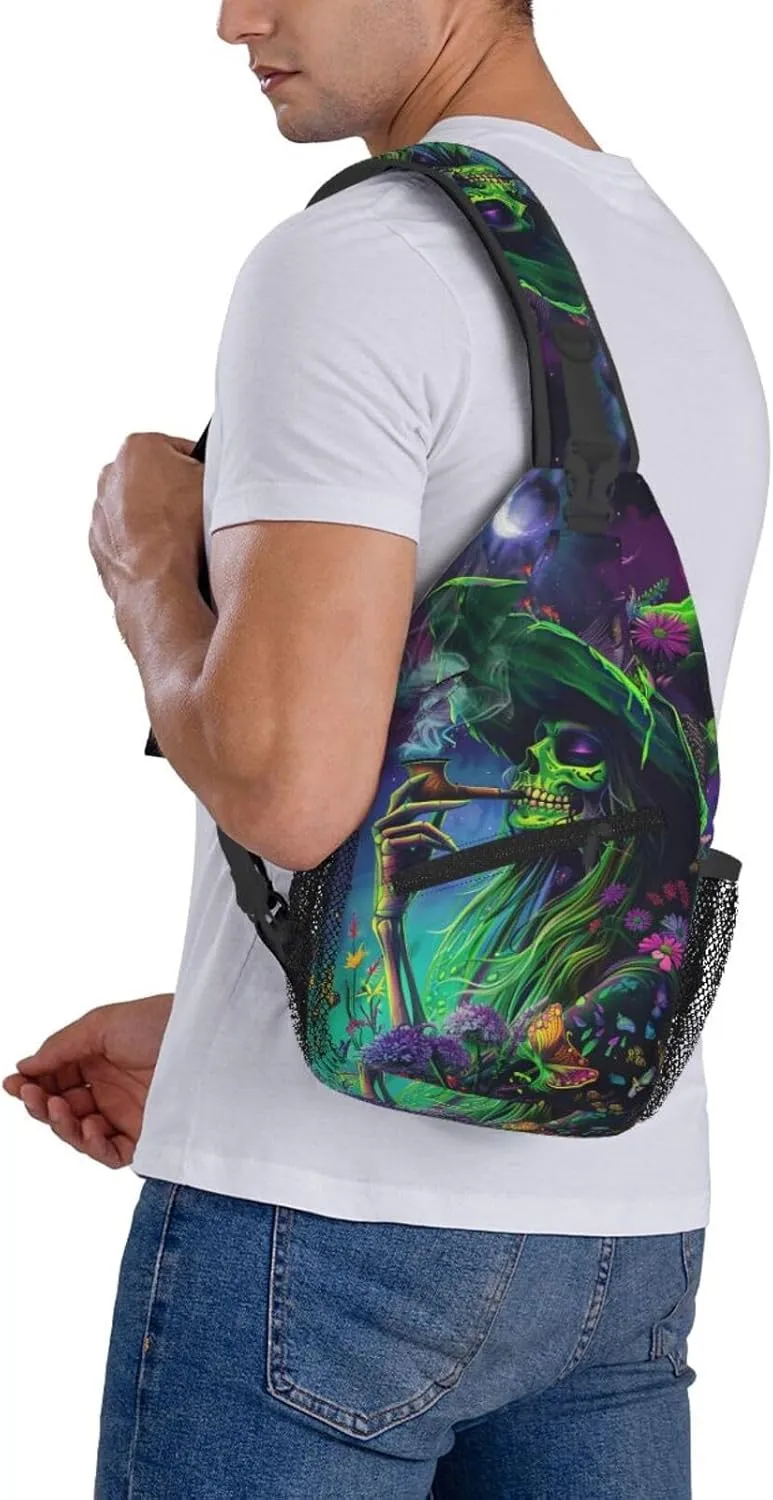 Colorful Skeleton Witch Outdoor Crossbody Shoulder Bag For Unisex Young Adult Hiking Bicycling