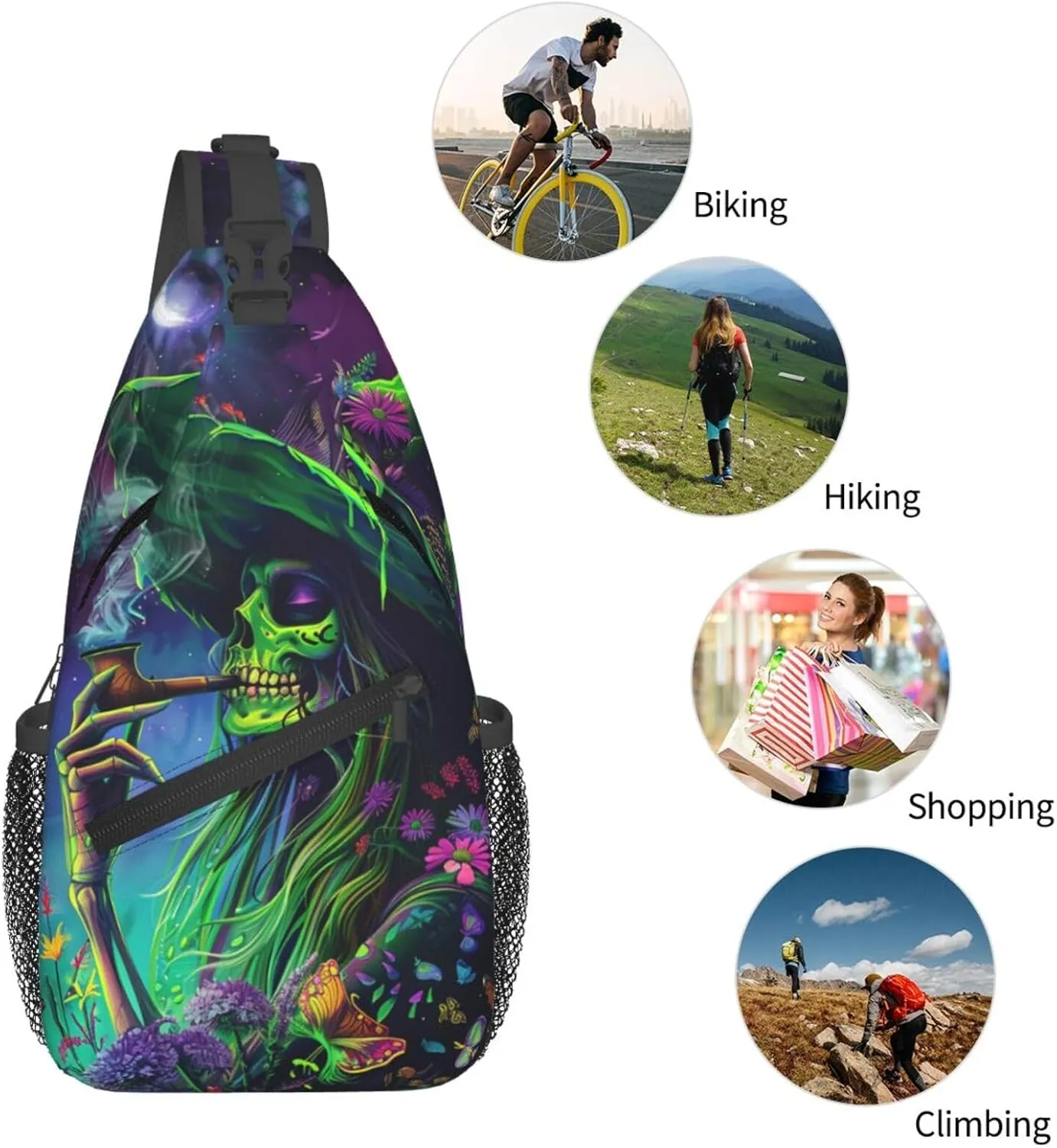 Colorful Skeleton Witch Outdoor Crossbody Shoulder Bag For Unisex Young Adult Hiking Bicycling