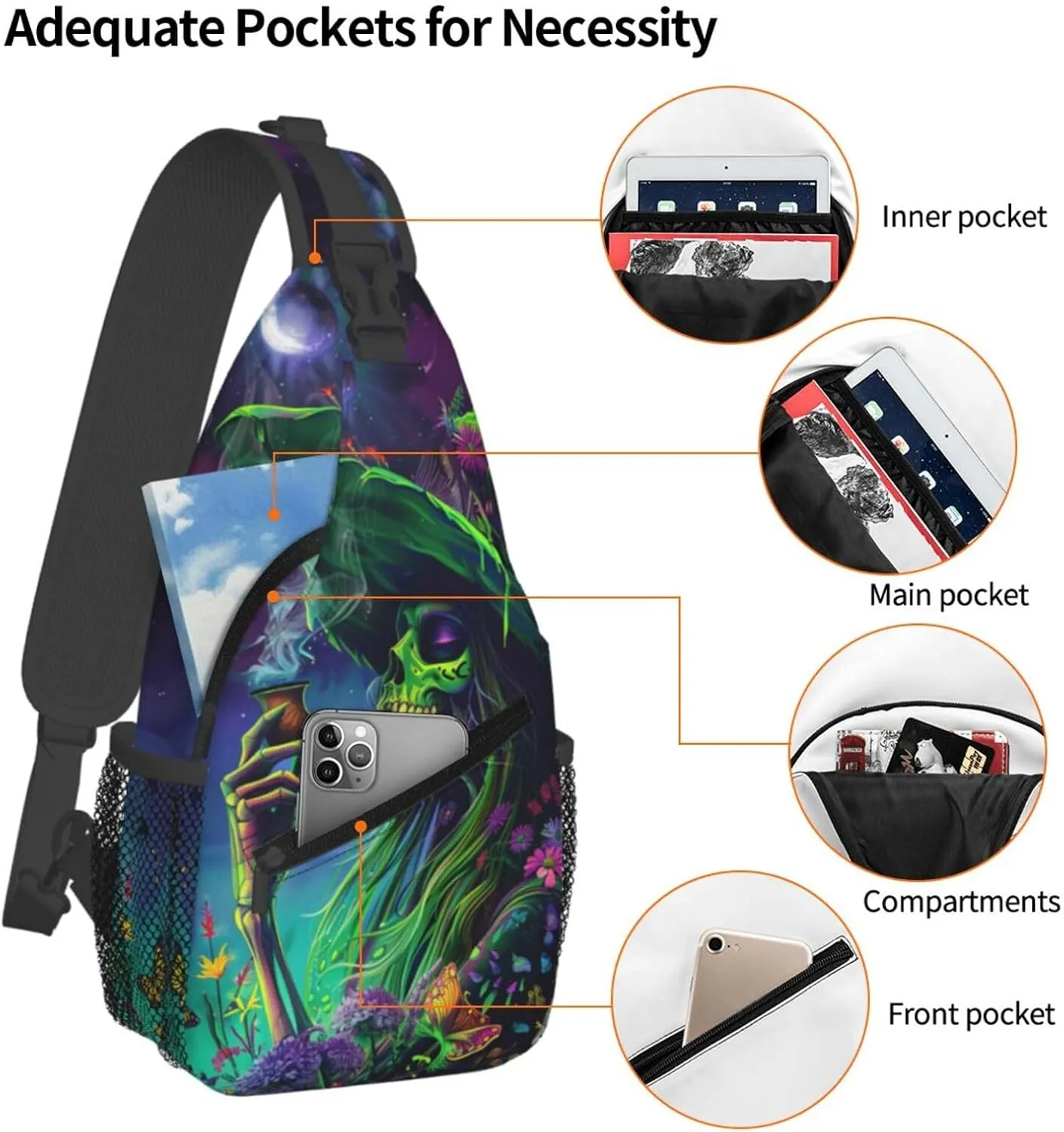 Colorful Skeleton Witch Outdoor Crossbody Shoulder Bag For Unisex Young Adult Hiking Bicycling