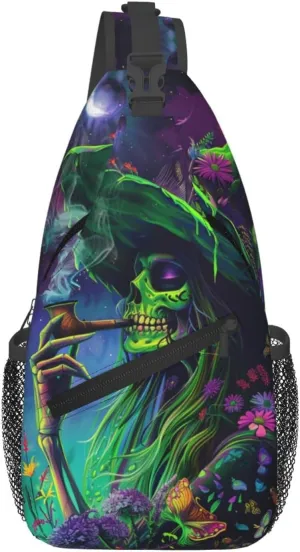 Colorful Skeleton Witch Outdoor Crossbody Shoulder Bag For Unisex Young Adult Hiking Bicycling