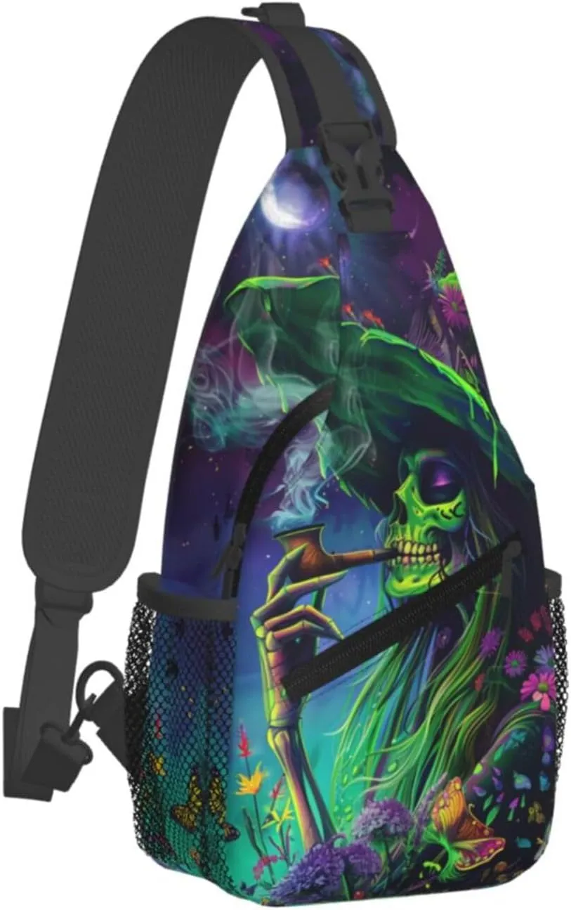 Colorful Skeleton Witch Outdoor Crossbody Shoulder Bag For Unisex Young Adult Hiking Bicycling