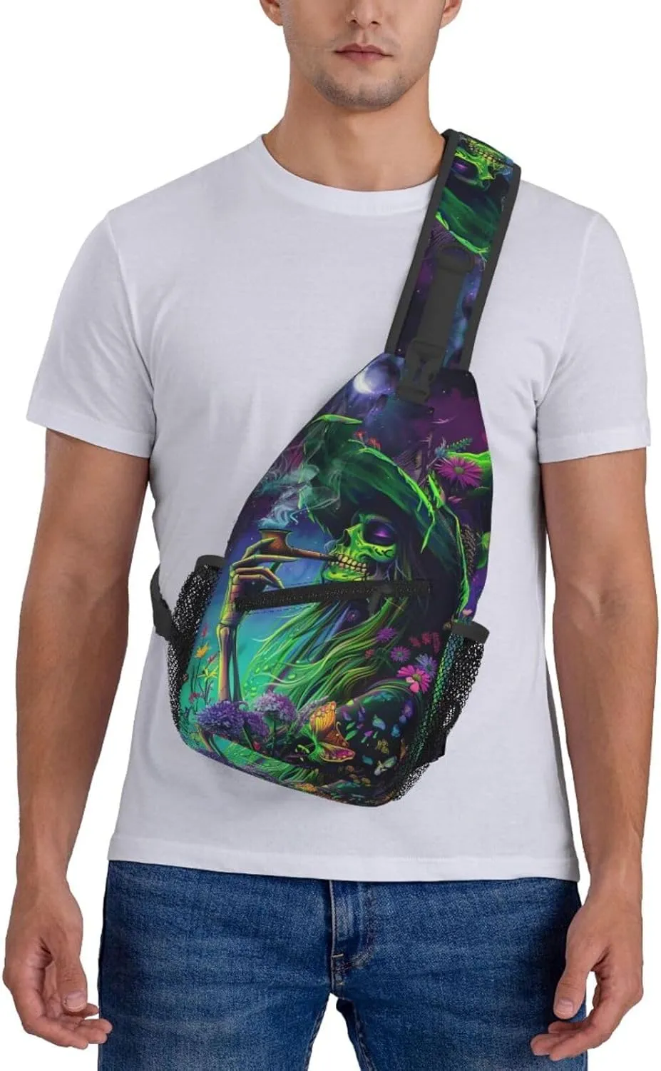 Colorful Skeleton Witch Outdoor Crossbody Shoulder Bag For Unisex Young Adult Hiking Bicycling
