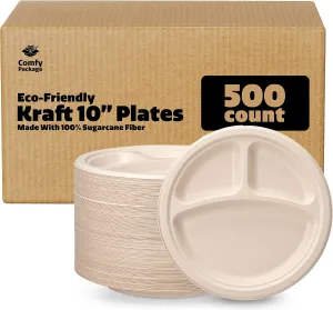 Comfy Package [Case of 500 10 Inch Heavy-Duty 100% Compostable Plates, 3 Compartment Eco-Friendly, Disposable Sugarcane Paper Plates - Brown Unbleached