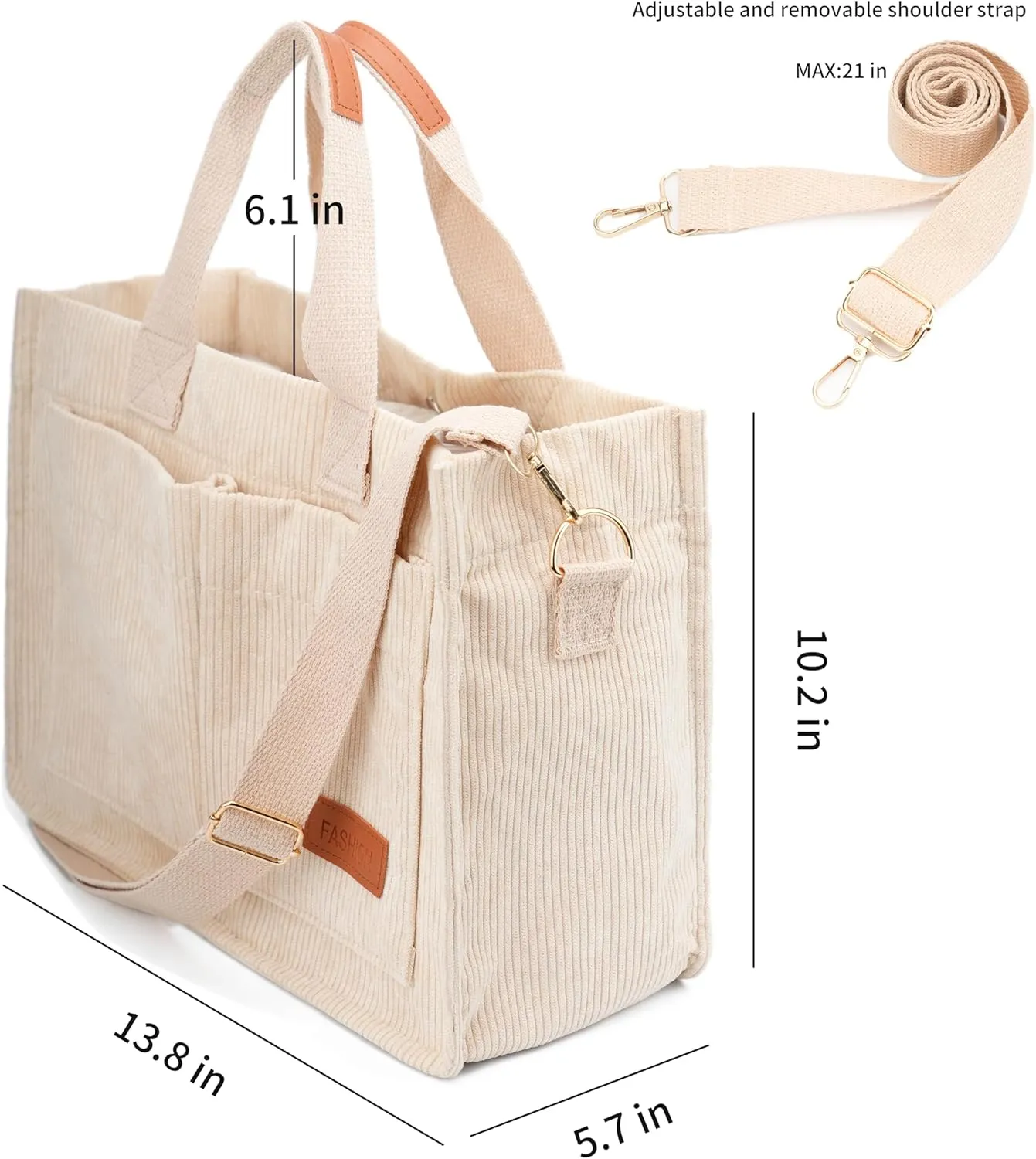 Corduroy Crossbody Bag for Women Tote Bag with Pockets Square Shoulder Bag Everyday Handbags for Work Travel