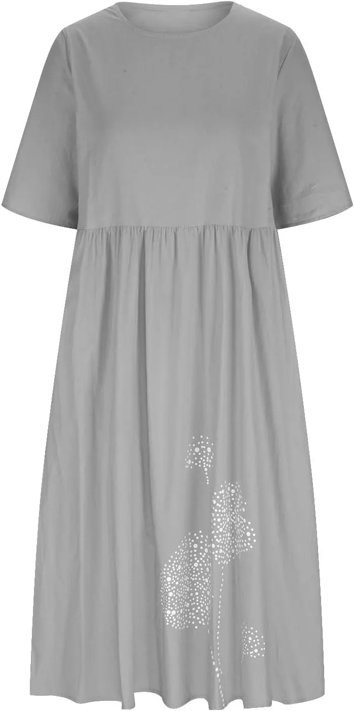Cotton Linen Maxi Dresses for Women Casual Summer Plus Size Short Sleeve Tshirt Dress Ladies Beach Vacation Sundress