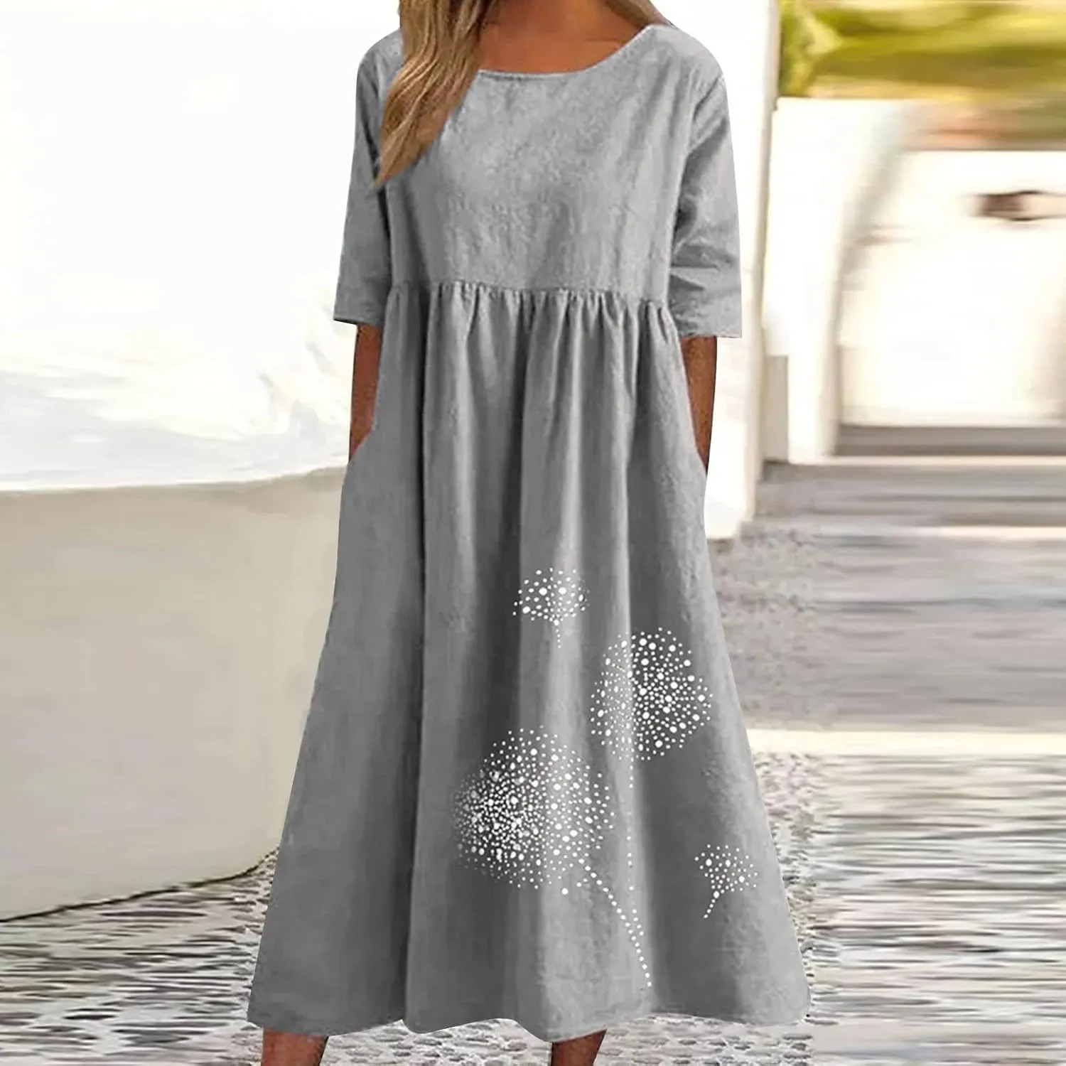 Cotton Linen Maxi Dresses for Women Casual Summer Plus Size Short Sleeve Tshirt Dress Ladies Beach Vacation Sundress