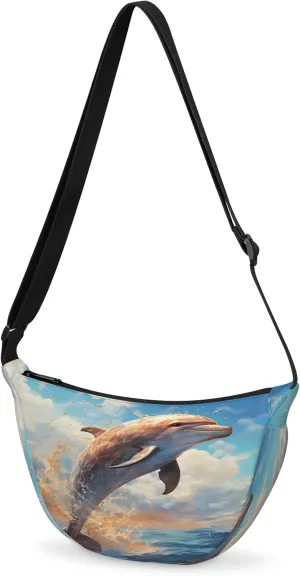 Crescent Crossbody Bag for Women & Men Lightweight Spacious Dumpling-style Sling Bag Adjustable Strap Zippers Travel Casual Use Suitable Jumping Dolphin