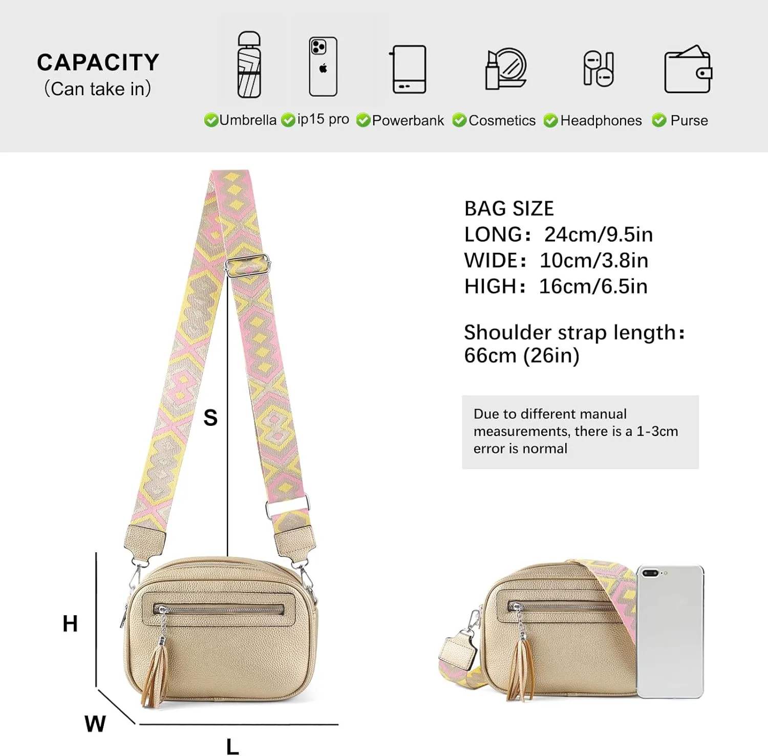 Crossbody Bag for Women Trendy Purse Small Shoulder Handbags with Wide Strap With Multi-compartment double zipper