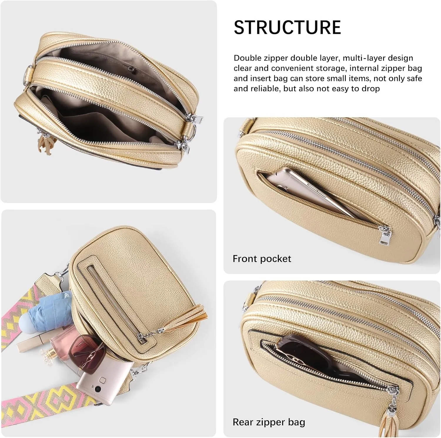 Crossbody Bag for Women Trendy Purse Small Shoulder Handbags with Wide Strap With Multi-compartment double zipper