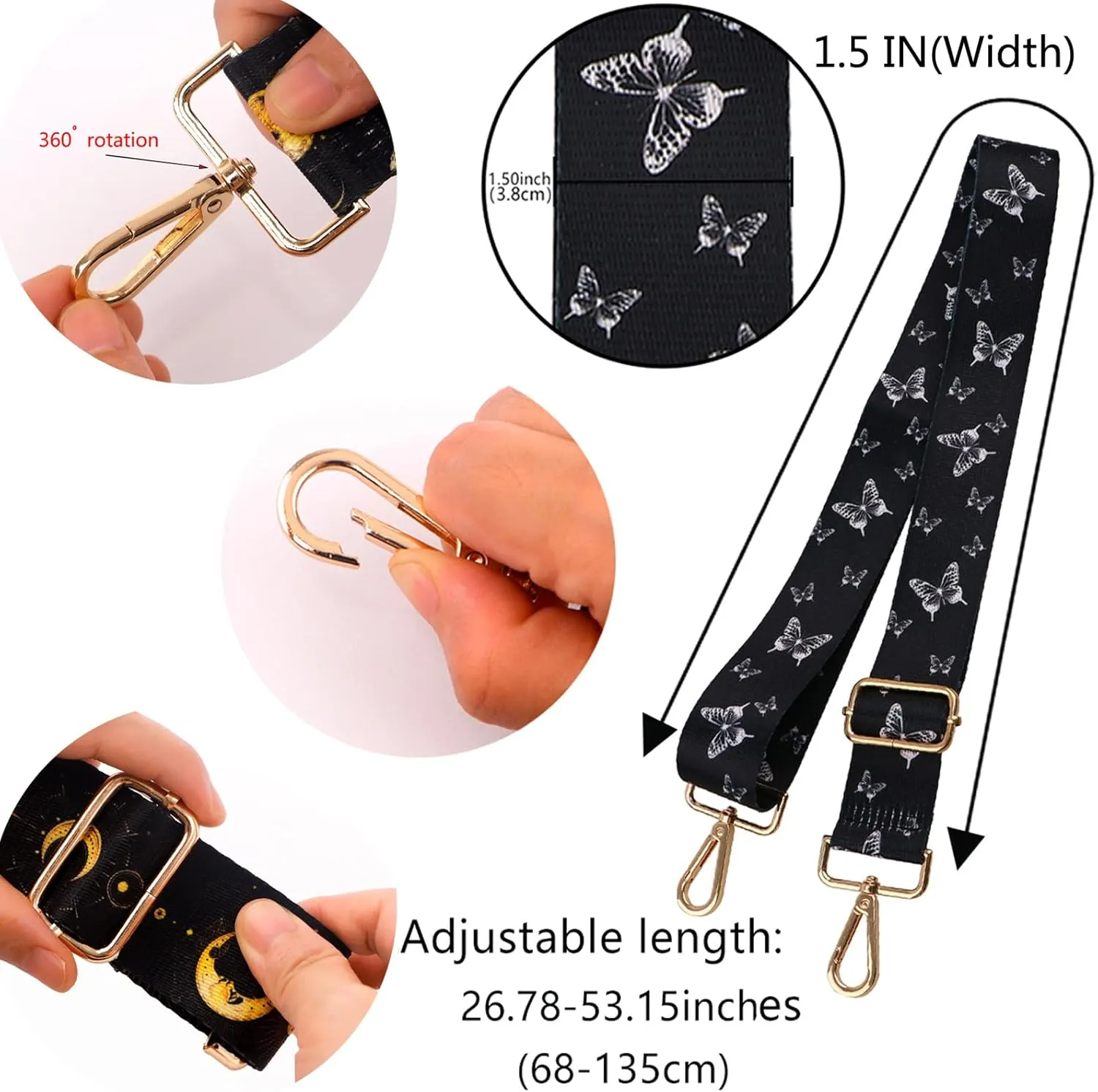Crossbody Purse Strap for Women Men, Replacement Bag Belt Strap for Purse Handbag Guitar Camera, Adjustable Canvas Wide Shoulder Strap with Golden Hooks
