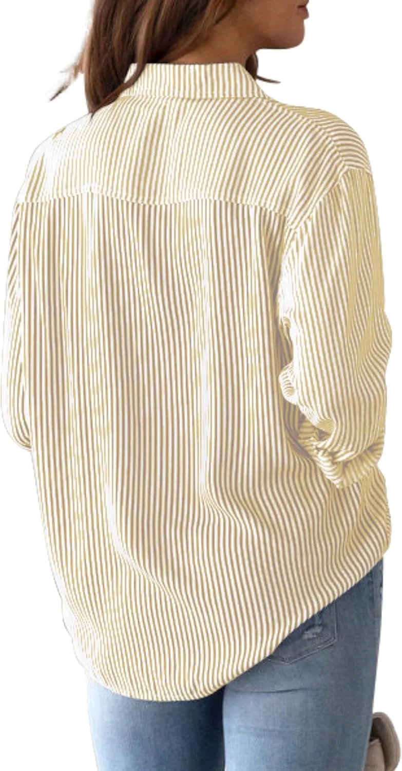 CUNLIN Grade 4 Wrinkle-Resistant Women's Button Down Shirts Striped Long Sleeve Collared Blouses Tops with Pocket
