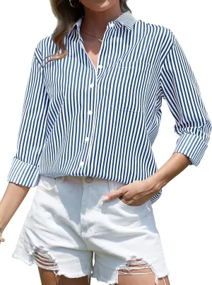 CUNLIN Grade 4 Wrinkle-Resistant Women's Button Down Shirts Striped Long Sleeve Collared Blouses Tops with Pocket