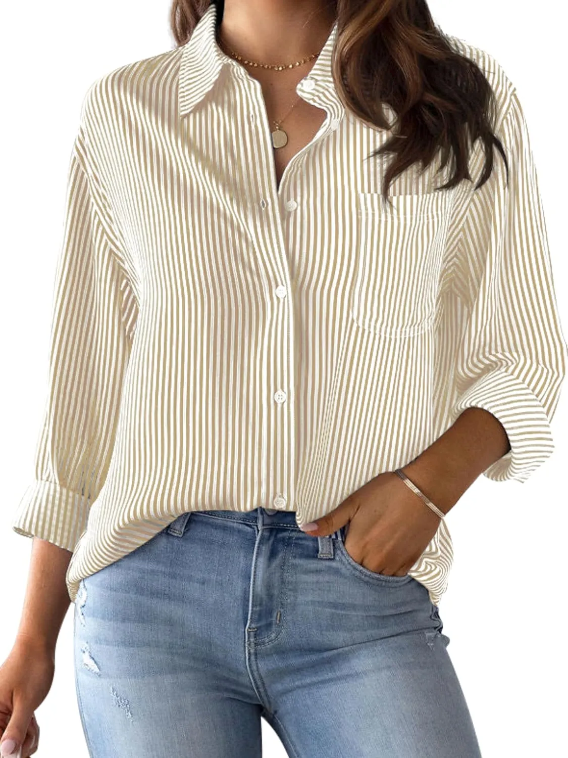 CUNLIN Grade 4 Wrinkle-Resistant Women's Button Down Shirts Striped Long Sleeve Collared Blouses Tops with Pocket