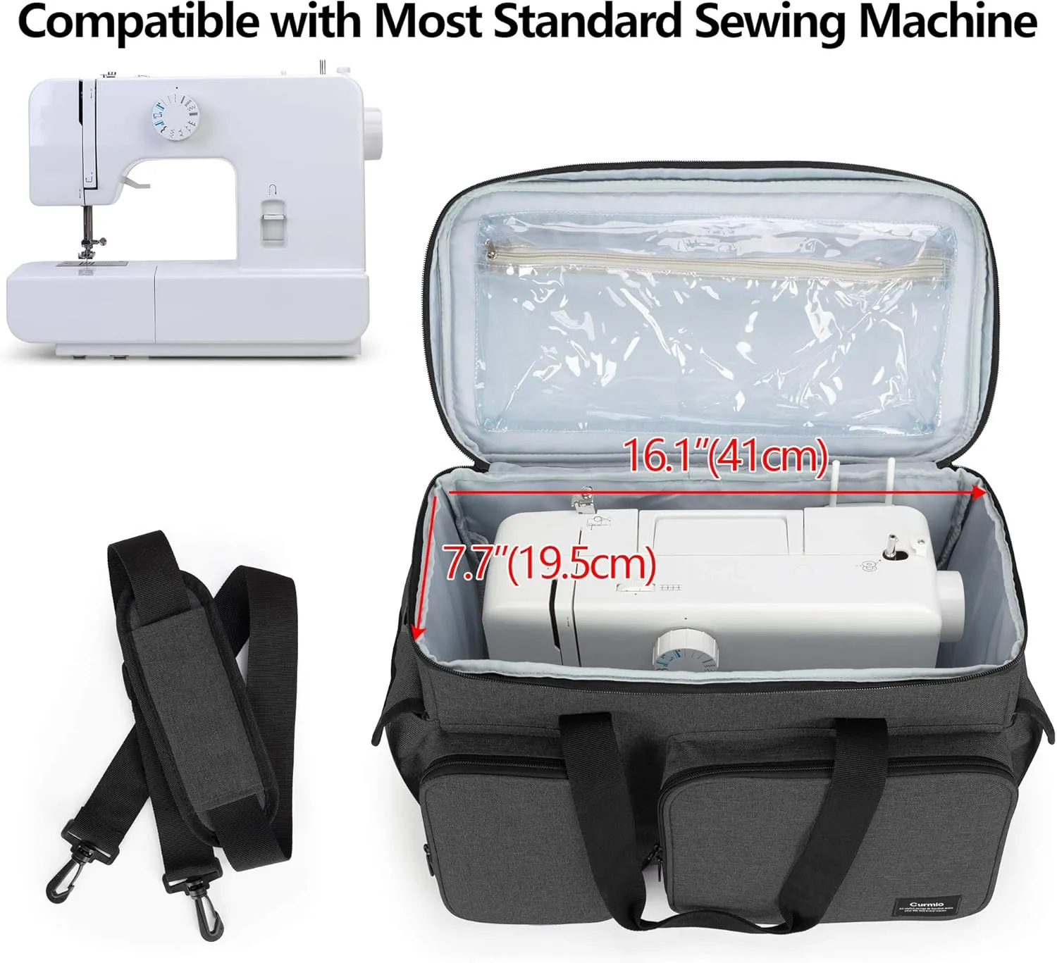 CURMIO Sewing Machine Case, Universal Travel Bag Compatible for Singer, Brother, Janome and most standard sewing machines, Black(Bag Only)
