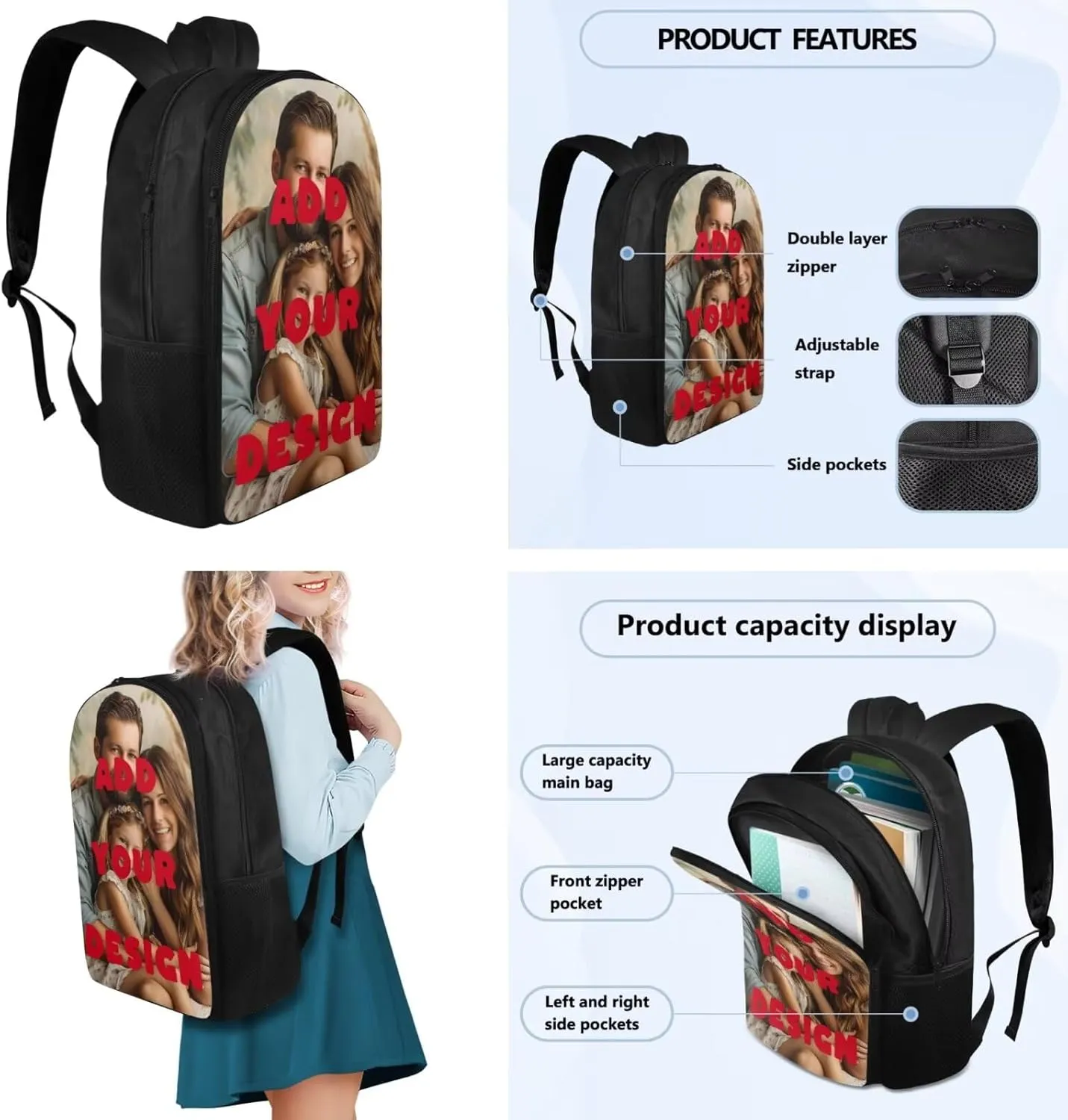 Customized Prints Backpack for School Boys Girls Backpack with Lunch Box with Adjustable Shoulder Strap Cute 4th Grade Reading Bookmark and Pencil Box 4Pcs Sets for Kids/Toddler