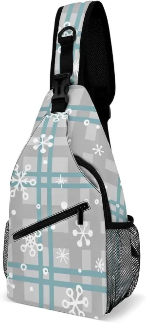 Cute Christmas Snowflakes Crossbody Sling Backpack Checkered Pattern Winter Sling Bag Adjustable Travel Hiking Chest Bags Daypack