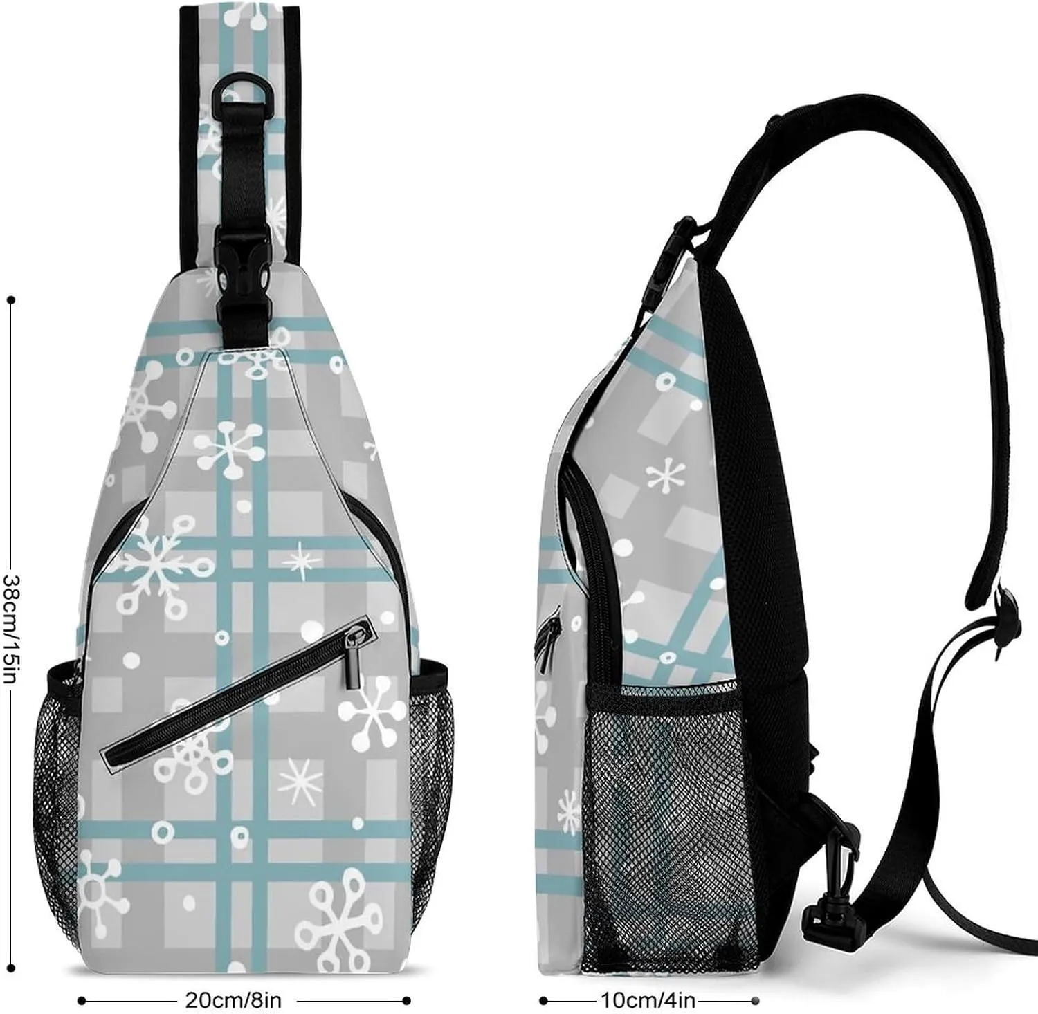 Cute Christmas Snowflakes Crossbody Sling Backpack Checkered Pattern Winter Sling Bag Adjustable Travel Hiking Chest Bags Daypack
