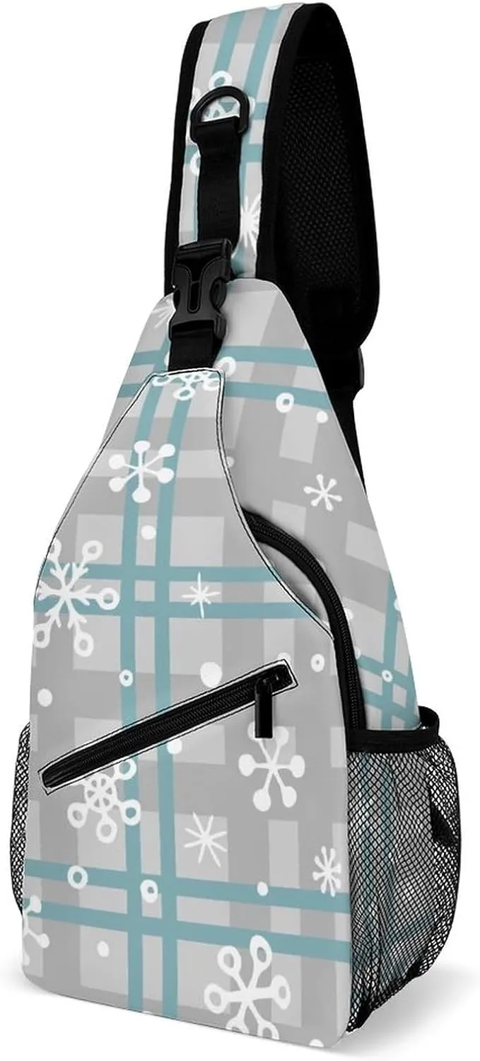 Cute Christmas Snowflakes Crossbody Sling Backpack Checkered Pattern Winter Sling Bag Adjustable Travel Hiking Chest Bags Daypack