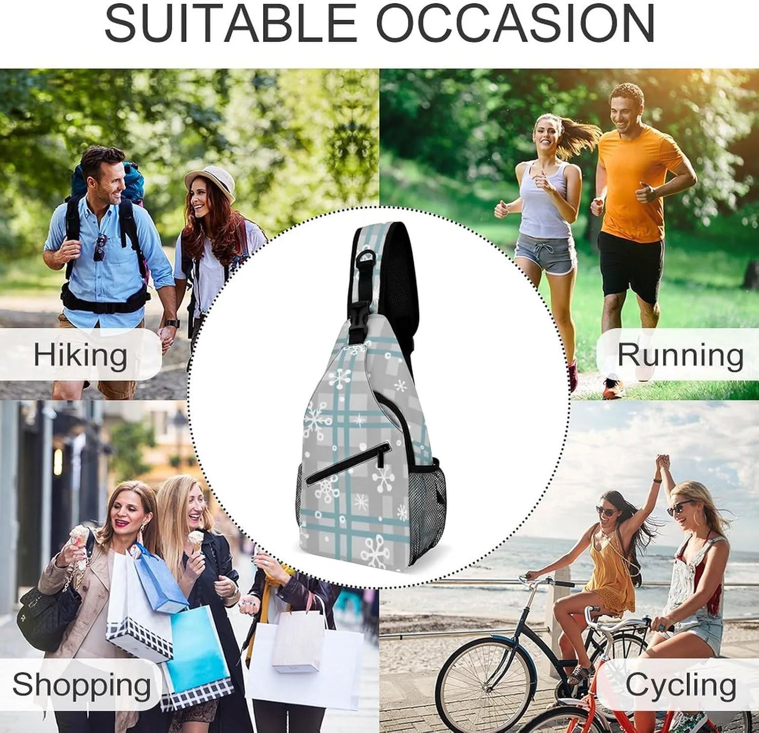 Cute Christmas Snowflakes Crossbody Sling Backpack Checkered Pattern Winter Sling Bag Adjustable Travel Hiking Chest Bags Daypack