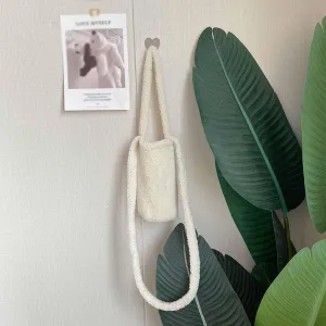 Cute Furry Water Bottle Carrier - Soft Plush Coffee Cup Holder for Sports, Gym, Hiking, Camping, Walking - Shoulder Strap [White]