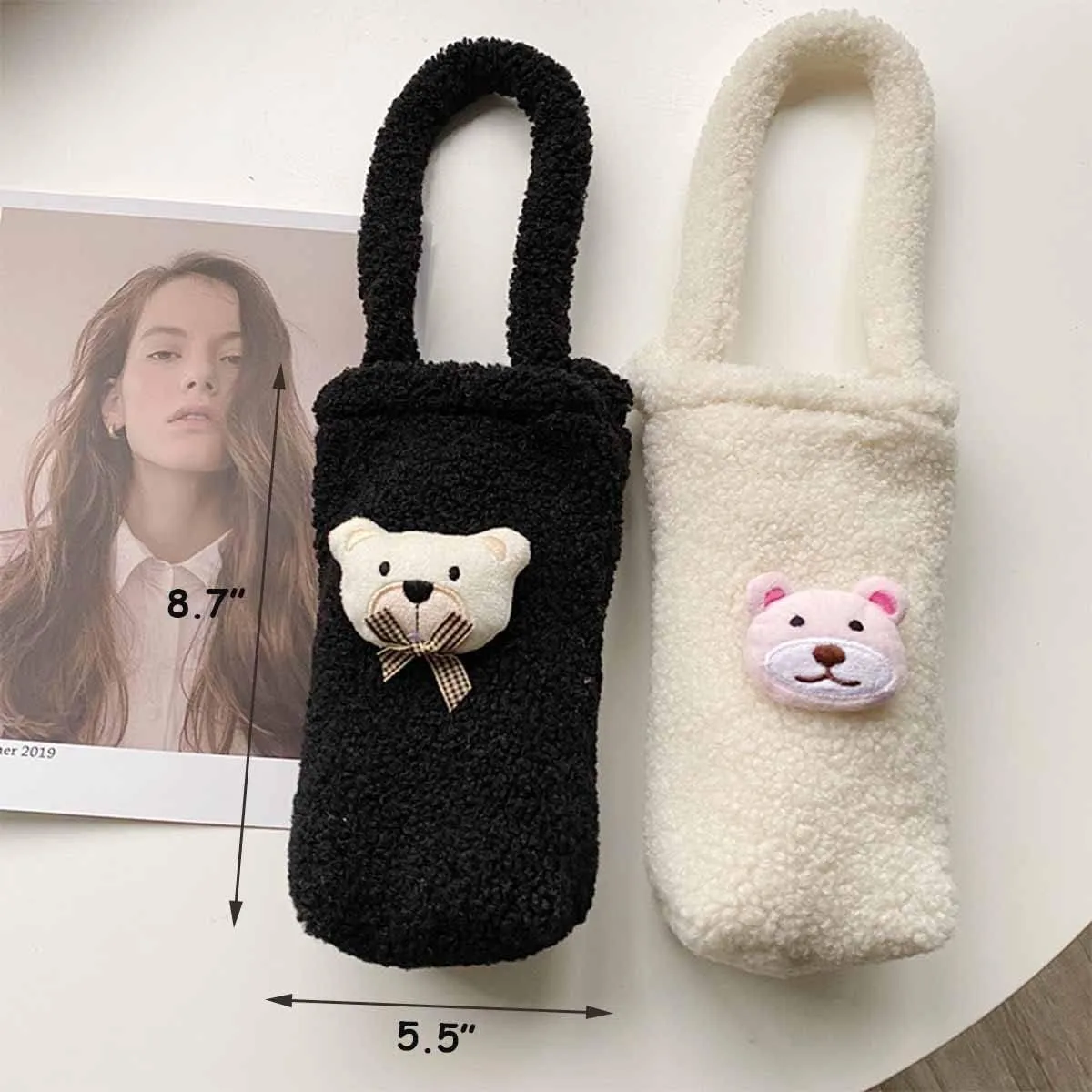 Cute Furry Water Bottle Carrier - Soft Plush Coffee Cup Holder for Sports, Gym, Hiking, Camping, Walking - Shoulder Strap [White]