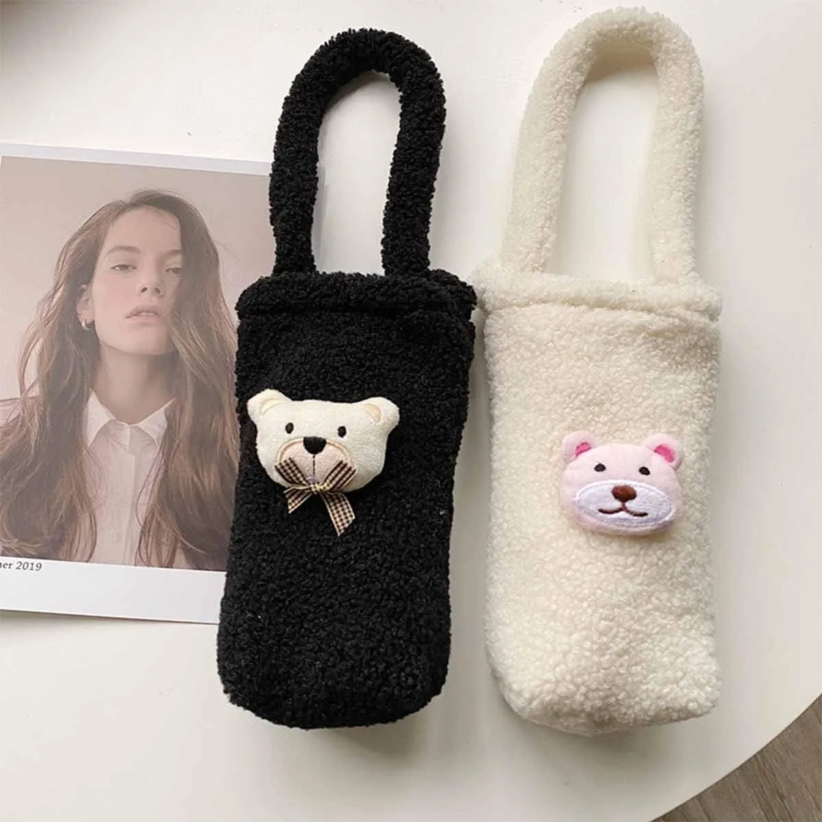 Cute Furry Water Bottle Carrier - Soft Plush Coffee Cup Holder for Sports, Gym, Hiking, Camping, Walking - Shoulder Strap [White]