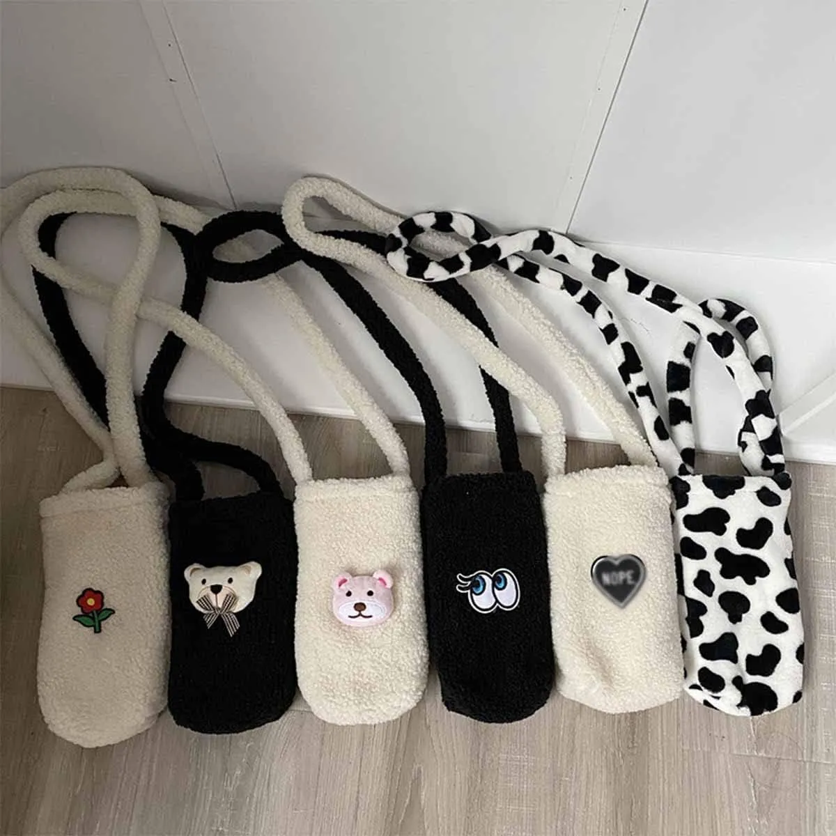 Cute Furry Water Bottle Carrier - Soft Plush Coffee Cup Holder for Sports, Gym, Hiking, Camping, Walking - Shoulder Strap [White]