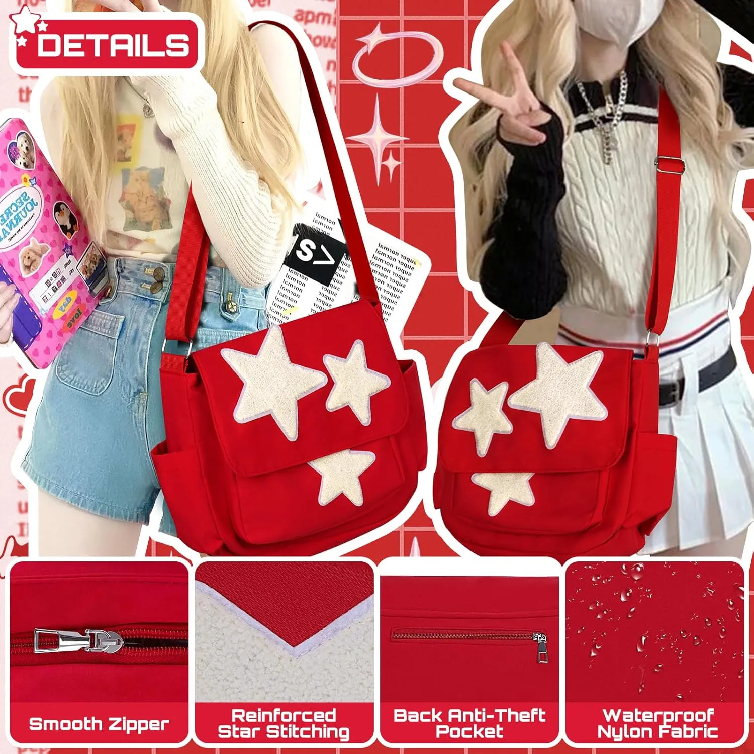 Cute Messenger Bag, Aesthetic Crossbody Bag, Y2K Star Grunge Bag Emo Shoulder Tote Purse for Women