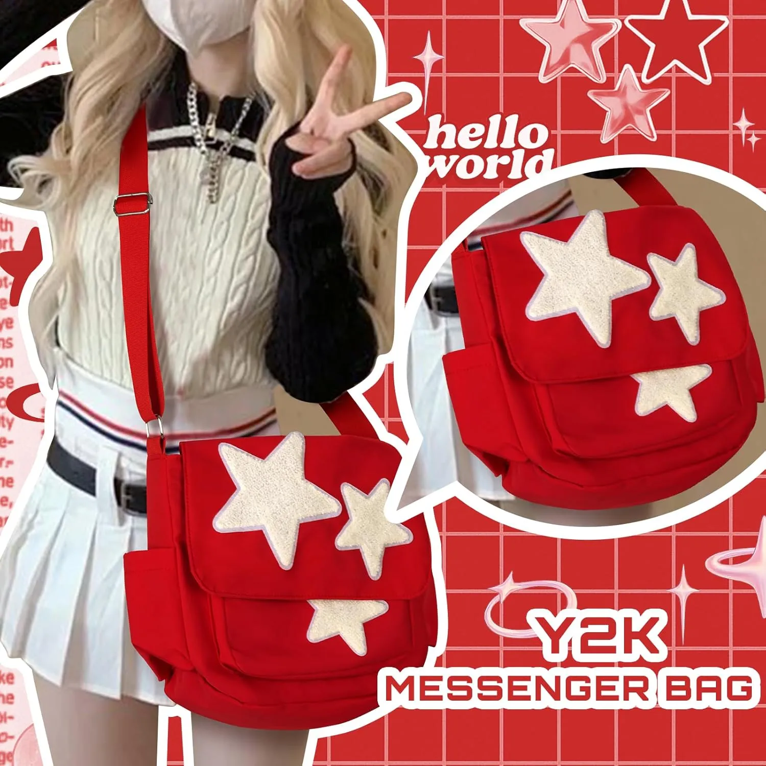 Cute Messenger Bag, Aesthetic Crossbody Bag, Y2K Star Grunge Bag Emo Shoulder Tote Purse for Women