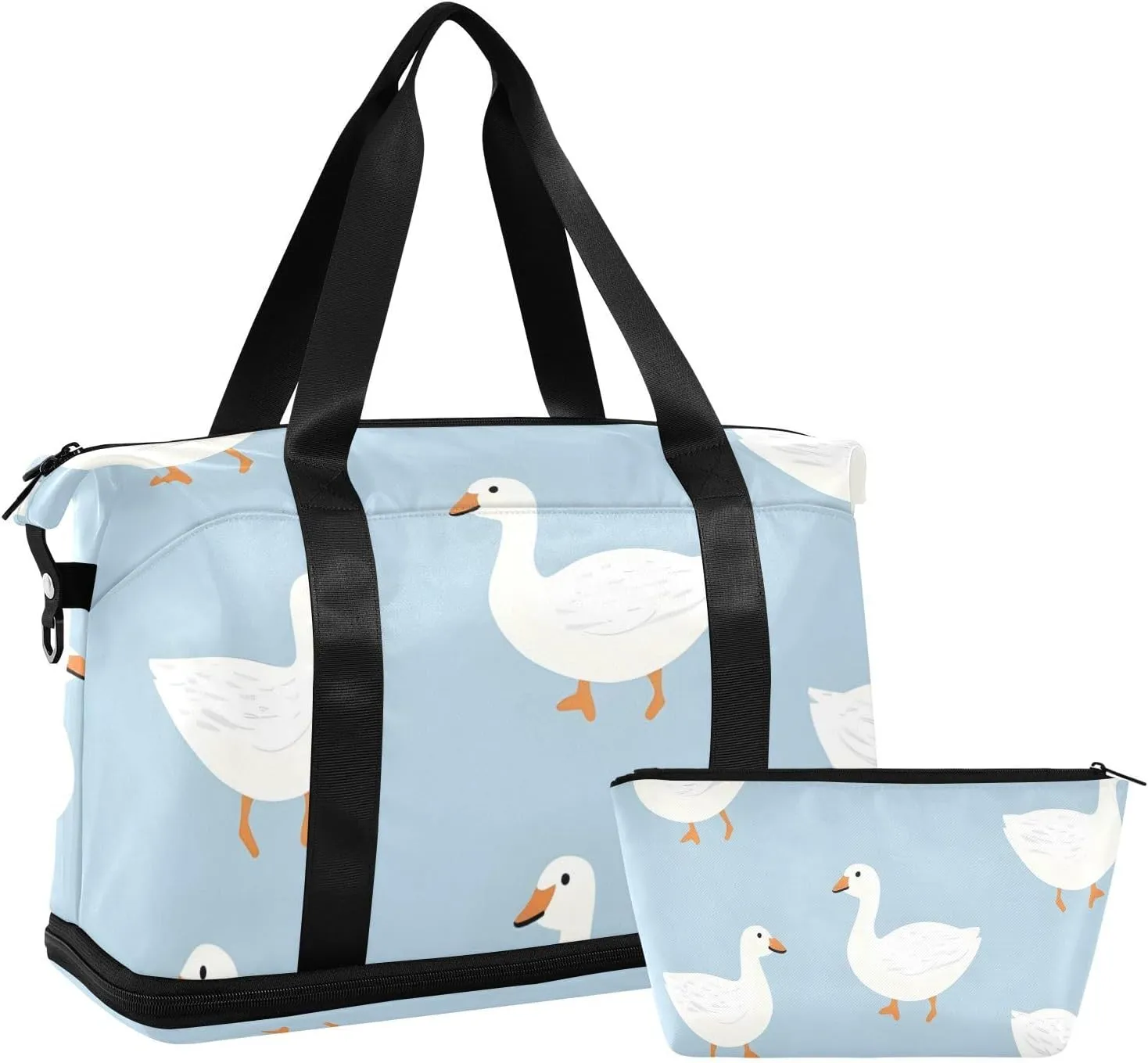 Cute White Geese in Blue Versatile Sports Travel Bag - Lasting Twill Tote, Removable Wheel & Rod Bagging, Multi-pocket Design, Complimentary Makeup Bag