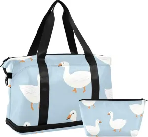 Cute White Geese in Blue Versatile Sports Travel Bag - Lasting Twill Tote, Removable Wheel & Rod Bagging, Multi-pocket Design, Complimentary Makeup Bag