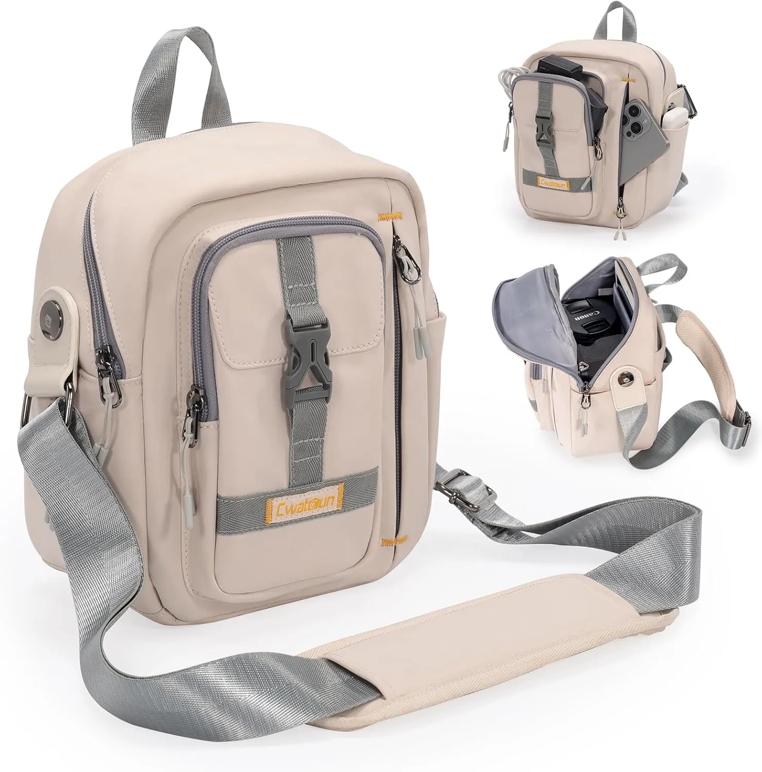 Cwatcun Camera Bag，SLR DSLR Canvas Sling Bag Small Compact Camera Shoulder Bag Crossbody Camera Case photography Purse for Canon Nikon Sony Fuji Mirrorless Cameras, White
