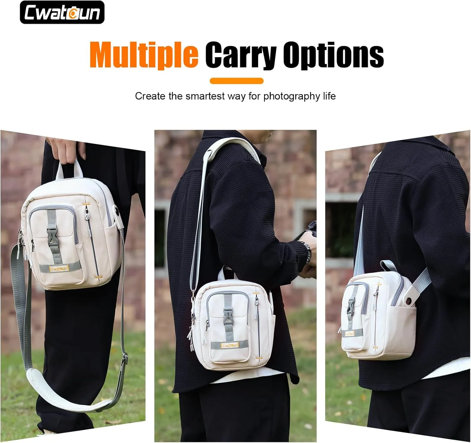 Cwatcun Camera Bag，SLR DSLR Canvas Sling Bag Small Compact Camera Shoulder Bag Crossbody Camera Case photography Purse for Canon Nikon Sony Fuji Mirrorless Cameras, White