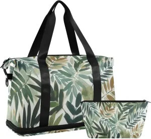 Dark Green Tropical Leaves Versatile Sports Travel Bag - Lasting Twill Tote, Removable Wheel & Rod Bagging, Multi-pocket Design, Complimentary Makeup Bag