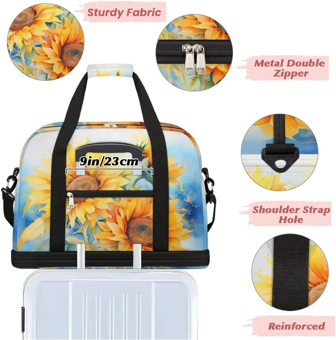 Delicate Flora Printing Sunflower Travel Duffle Bag, Collapsible Travel Bag Sports Gym Bag With Shoes Compartment Weekender Bag Overnight Bag For Women Men