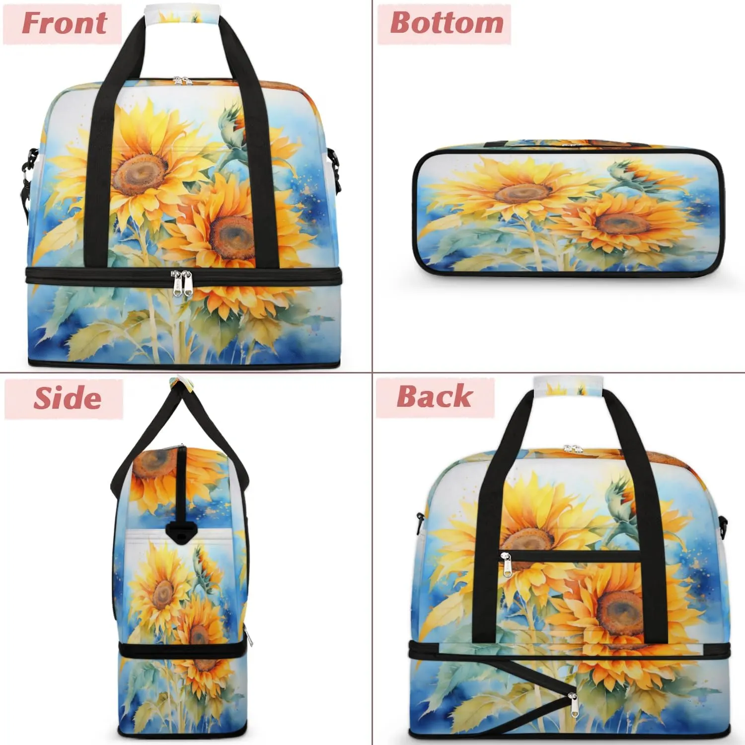 Delicate Flora Printing Sunflower Travel Duffle Bag, Collapsible Travel Bag Sports Gym Bag With Shoes Compartment Weekender Bag Overnight Bag For Women Men