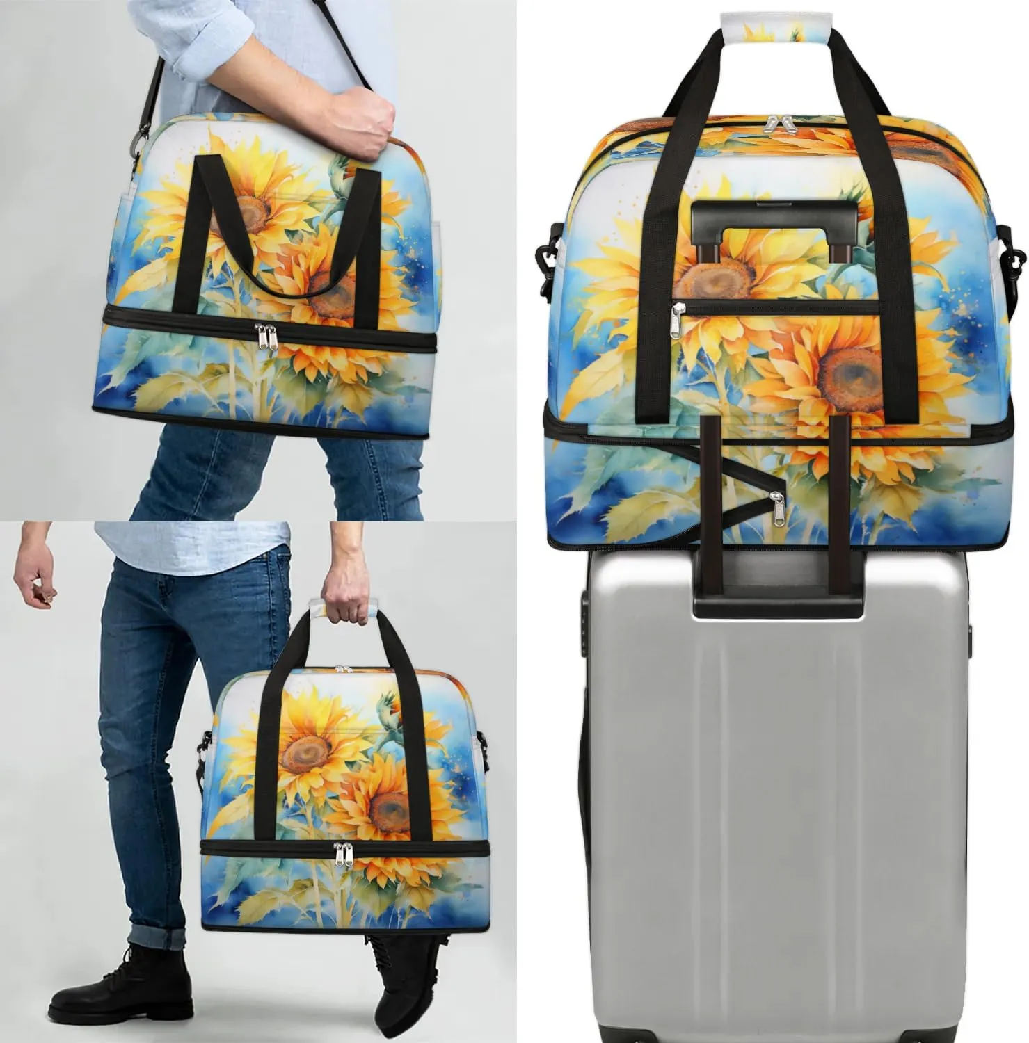 Delicate Flora Printing Sunflower Travel Duffle Bag, Collapsible Travel Bag Sports Gym Bag With Shoes Compartment Weekender Bag Overnight Bag For Women Men