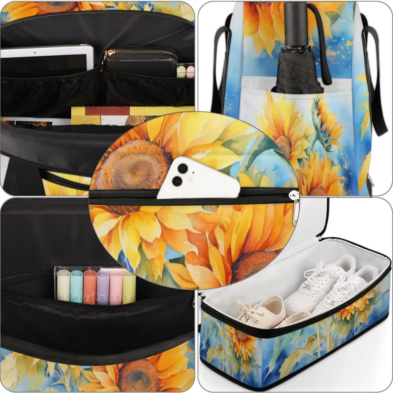 Delicate Flora Printing Sunflower Travel Duffle Bag, Collapsible Travel Bag Sports Gym Bag With Shoes Compartment Weekender Bag Overnight Bag For Women Men