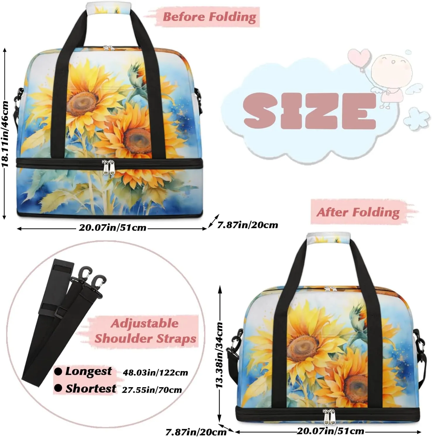 Delicate Flora Printing Sunflower Travel Duffle Bag, Collapsible Travel Bag Sports Gym Bag With Shoes Compartment Weekender Bag Overnight Bag For Women Men