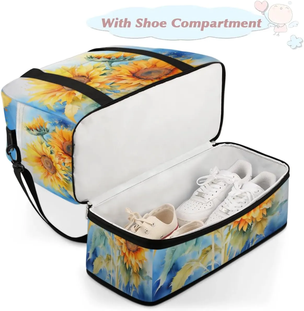Delicate Flora Printing Sunflower Travel Duffle Bag, Collapsible Travel Bag Sports Gym Bag With Shoes Compartment Weekender Bag Overnight Bag For Women Men