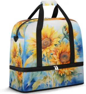 Delicate Flora Printing Sunflower Travel Duffle Bag, Collapsible Travel Bag Sports Gym Bag With Shoes Compartment Weekender Bag Overnight Bag For Women Men