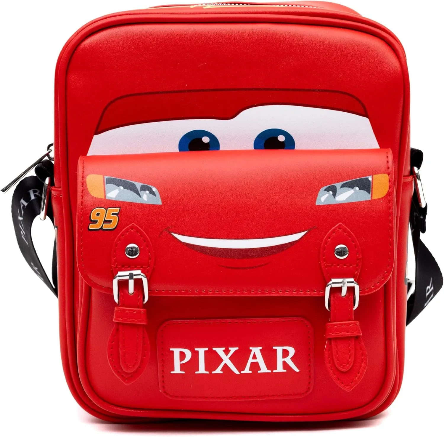 Disney Vegan Leather Crossbody Bag with Front Pocket, Cars Lightning McQueen Car Body Paint Scheme Red, 7.5" x 9"