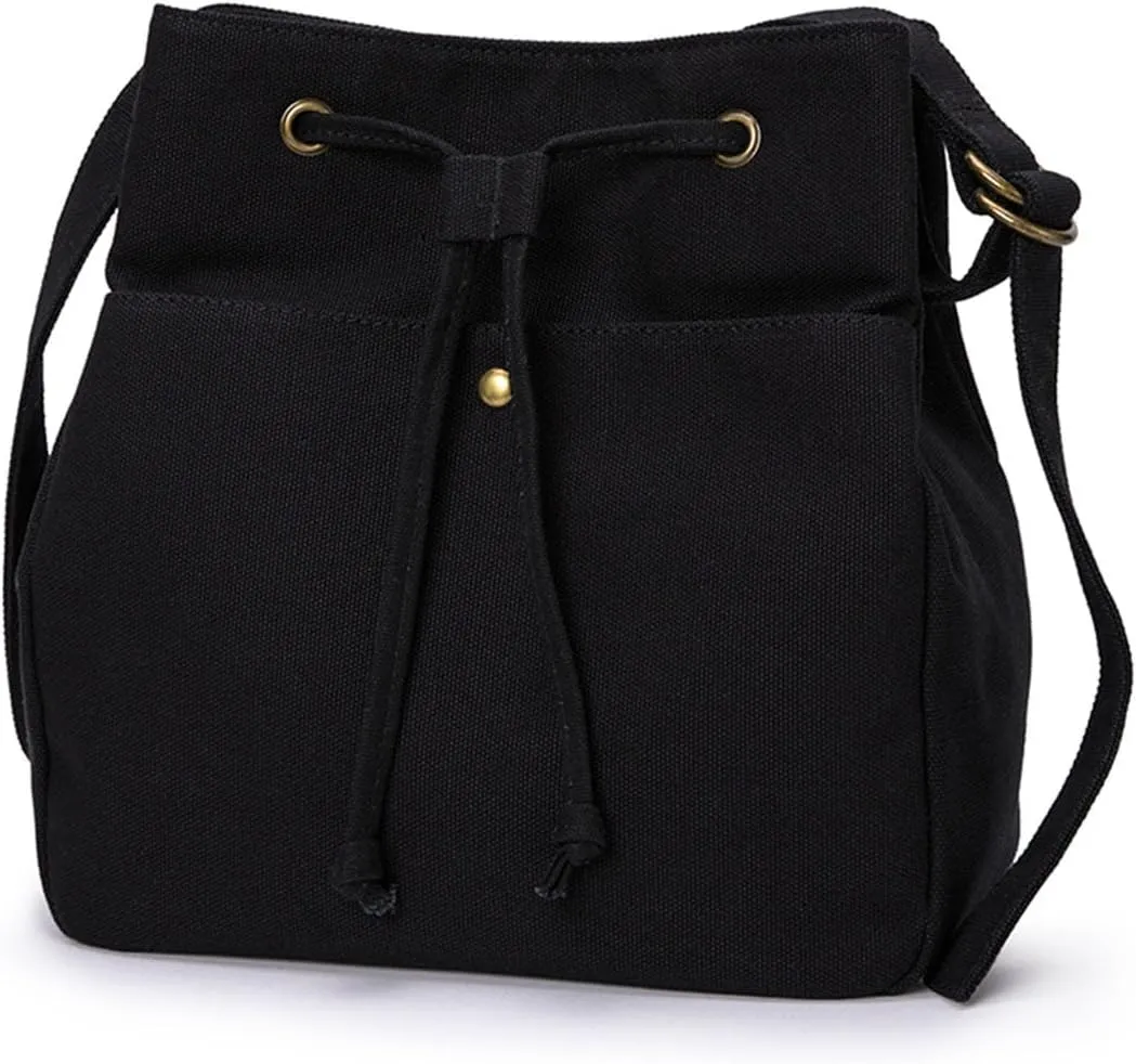 Drawstring Bucket Bag for Women with Adjustable Straps Canvas Material Multi pocket Crossbody Handbag Simple and Classic and Versatile (Black)