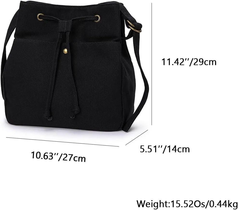 Drawstring Bucket Bag for Women with Adjustable Straps Canvas Material Multi pocket Crossbody Handbag Simple and Classic and Versatile (Black)