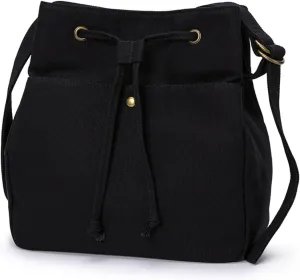 Drawstring Bucket Bag for Women with Adjustable Straps Canvas Material Multi pocket Crossbody Handbag Simple and Classic and Versatile (Black)