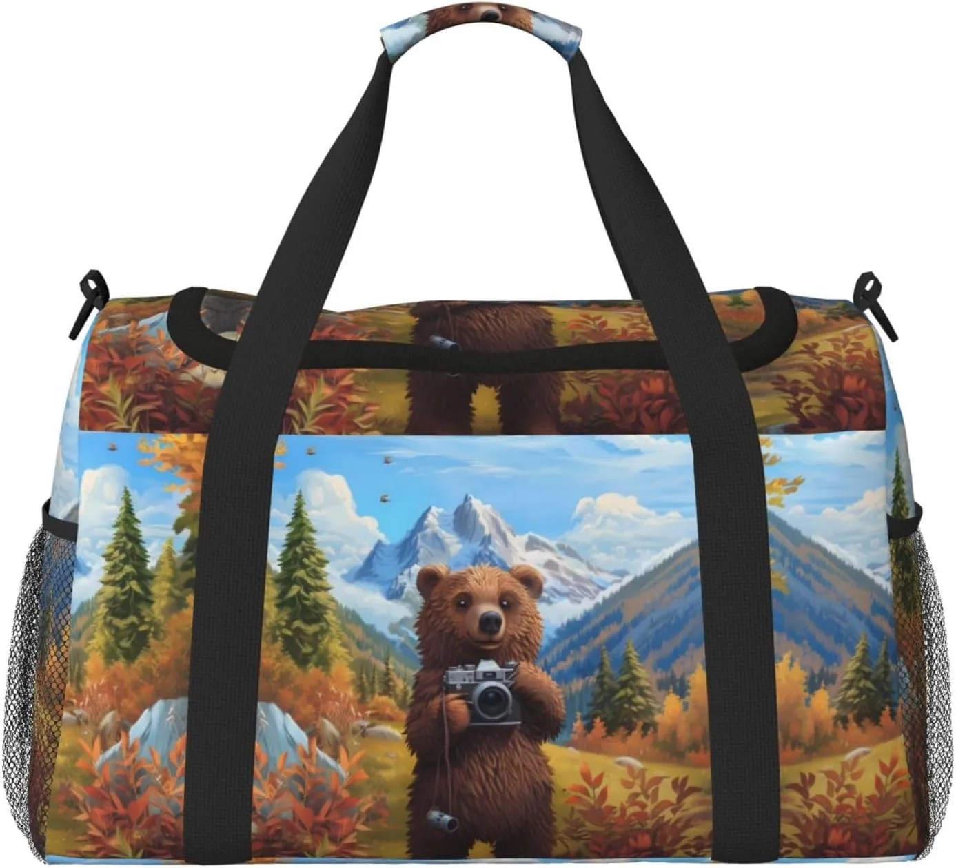 Duffle Bag for Travel, Snowy Mountain Photography Bear Weekender Overnight Duffel Bag, Carry On Bag Gym Bag for Women Men, Personal Item Travel Bag