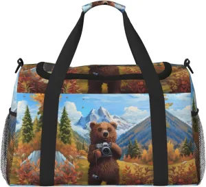 Duffle Bag for Travel, Snowy Mountain Photography Bear Weekender Overnight Duffel Bag, Carry On Bag Gym Bag for Women Men, Personal Item Travel Bag