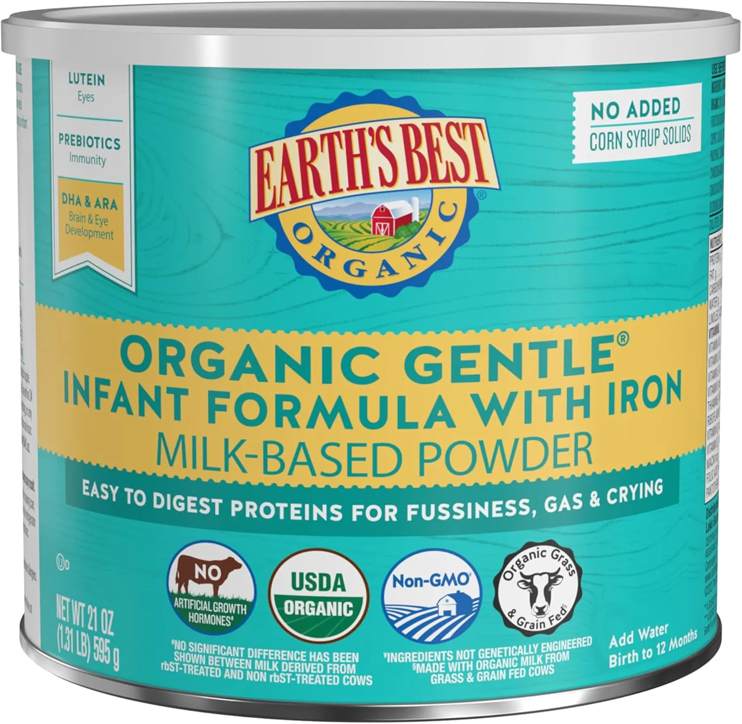 Earth's Best Organic Gentle Infant Formula for Babies 0-12 Months, Milk-Based Powder Formula with Iron, Omega-3 DHA, and Omega-6 ARA, 21 Ounce Container