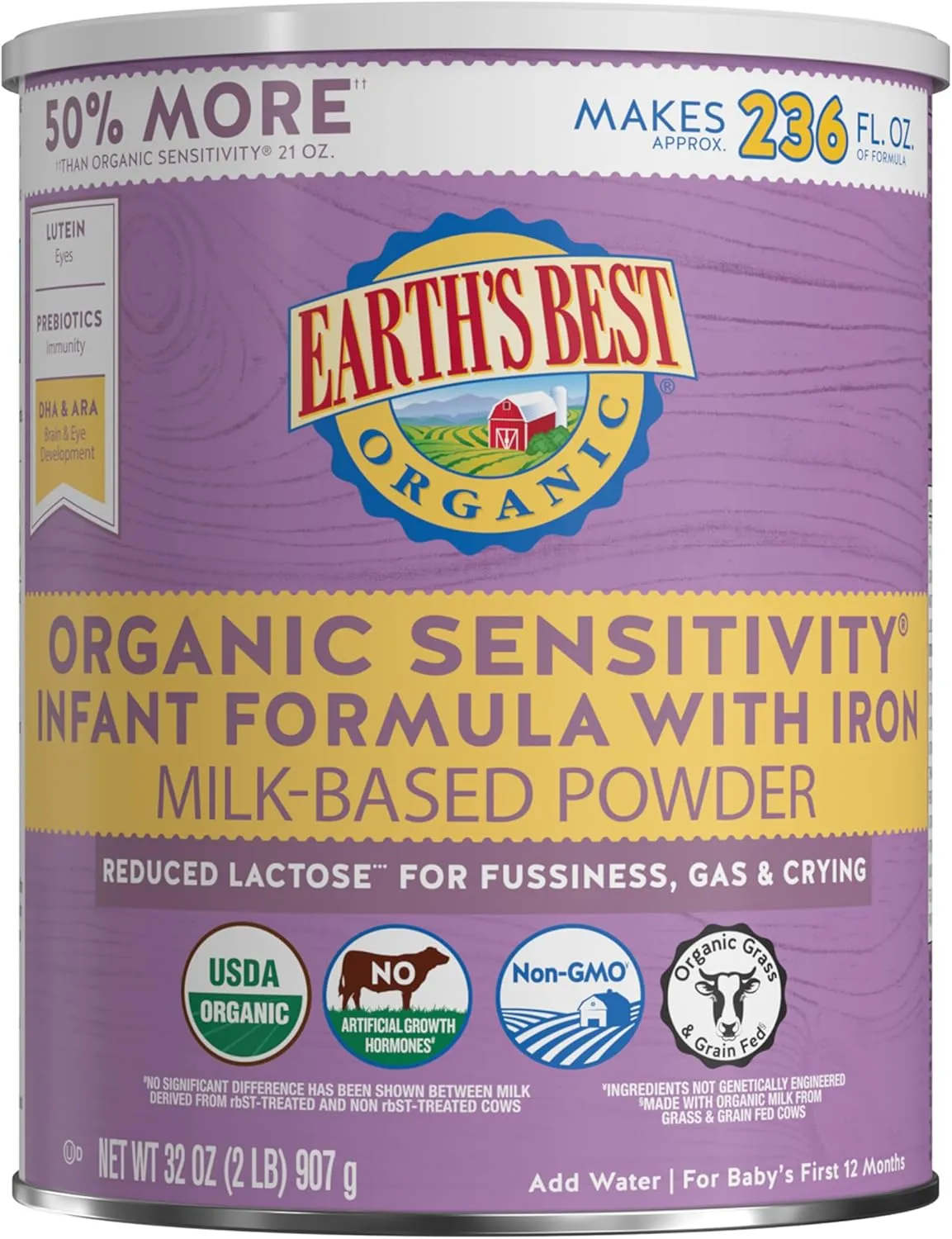 Earth's Best Organic Sensitivity Infant Formula for Babies 0-12 Months, Reduced Lactose Powder Formula with Iron, Omega-3 DHA, and Omega-6 ARA, 32 Ounce Value Container